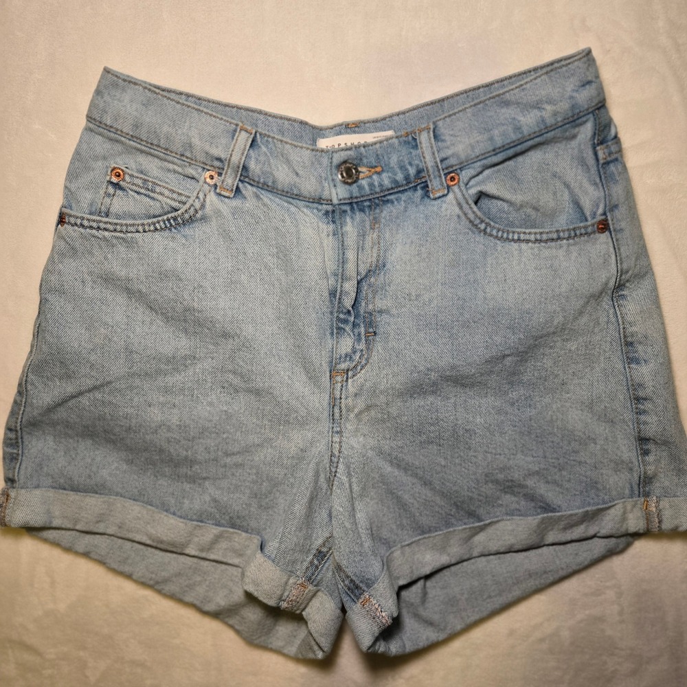 Topshop Mom Denim Shorts Light Blue High Waist Cuffed Hem Women's Size 8